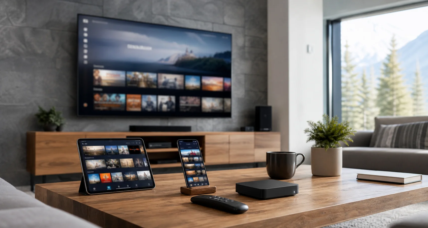 Multiple devices ready for IPTV streaming in a Canadian living room