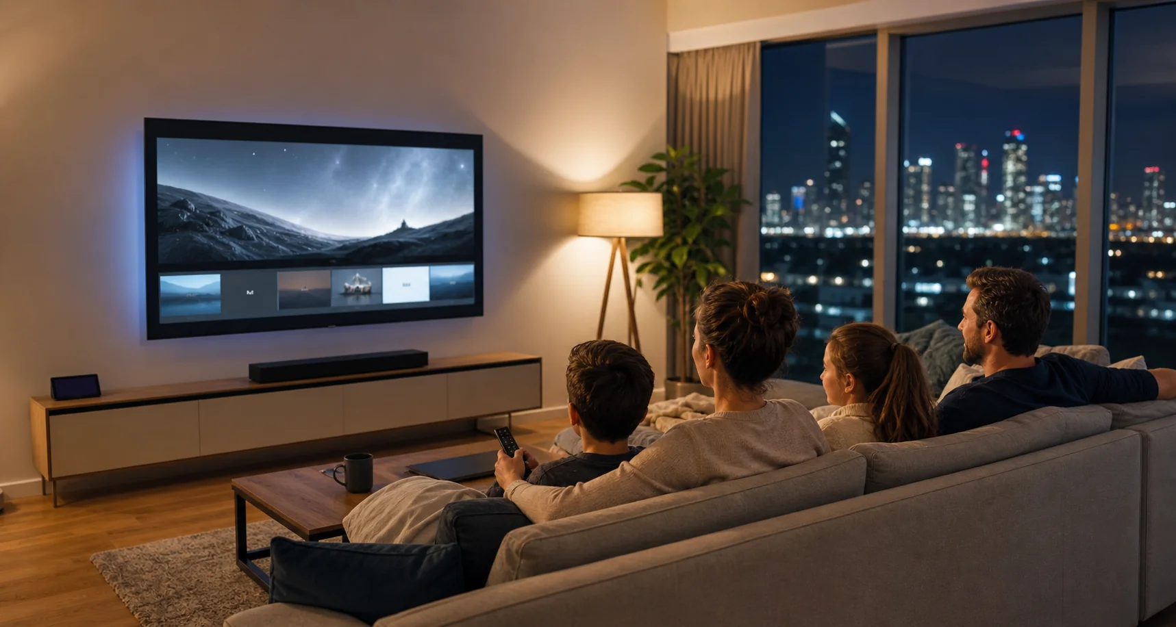 Canadian family watching IPTV streaming in a modern living room